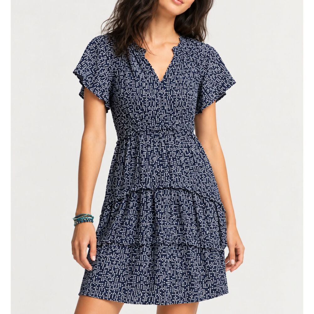 Anthropologie Navy Blue White Polka Dot Flutter Sleeve Tiered Dress – Large
